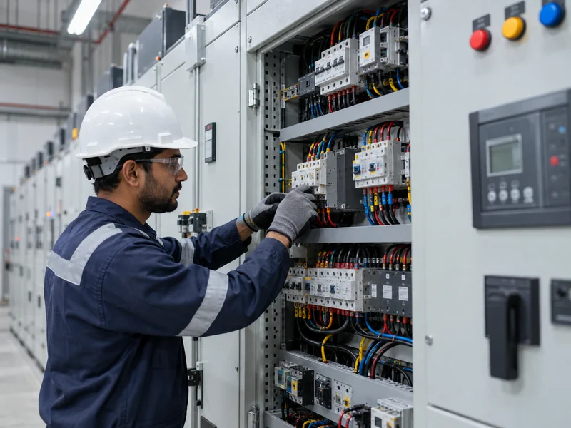Technician maintaining a low-voltage electrical control panel